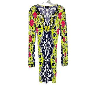Hale Bob Women’s Dress M Geometric Floral Print Long Sleeve Tie Waist Boho Retro